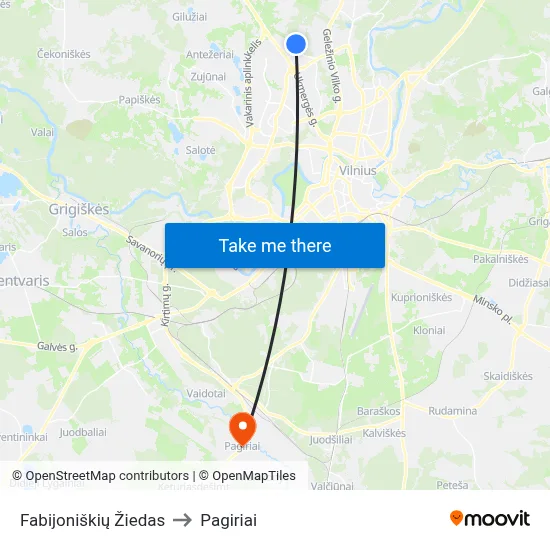 Fabijoniškių Žiedas to Pagiriai map