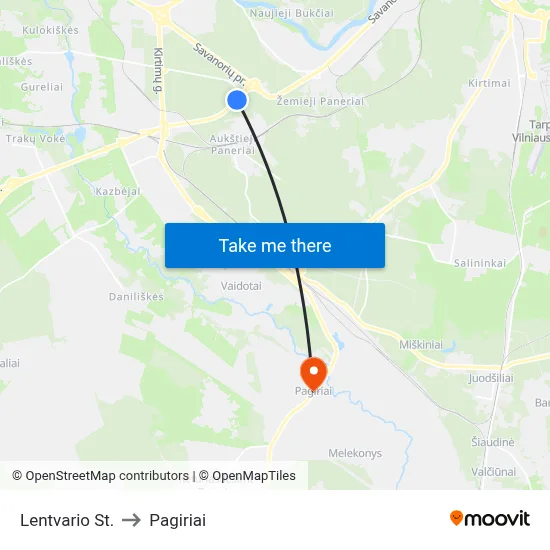 Lentvario St. to Pagiriai map