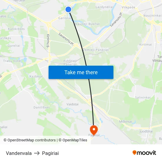 Vandenvala to Pagiriai map