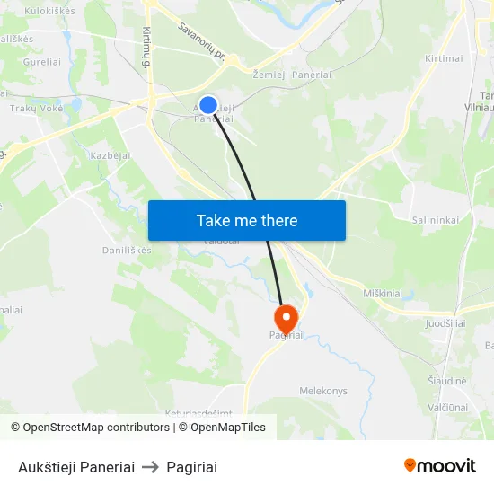 Aukštieji Paneriai to Pagiriai map