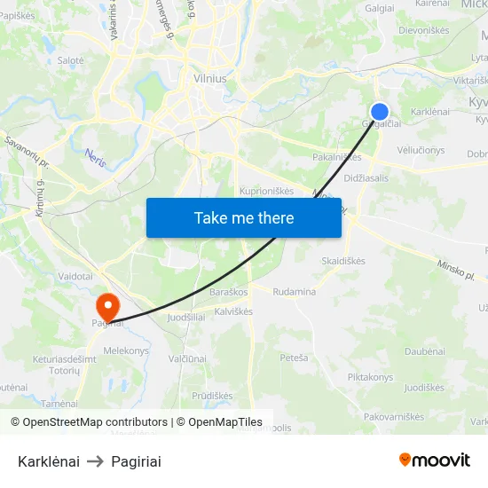 Karklėnai to Pagiriai map