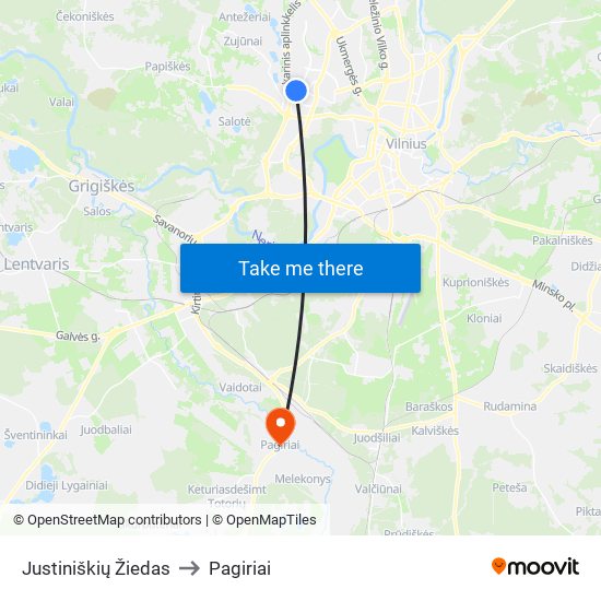 Justiniškių Žiedas to Pagiriai map