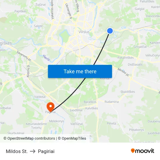 Mildos St. to Pagiriai map