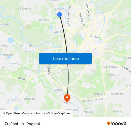 Zujūnai to Pagiriai map