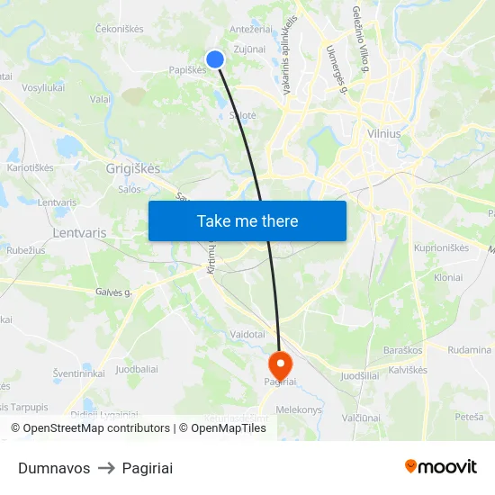 Dumnavos to Pagiriai map