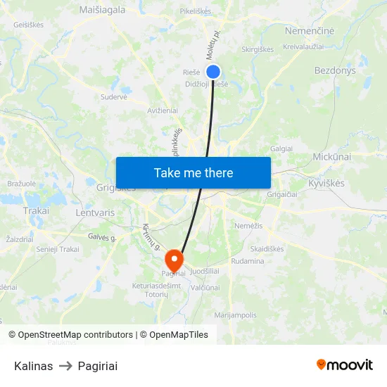 Kalinas to Pagiriai map