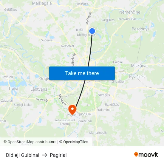 Didieji Gulbinai to Pagiriai map