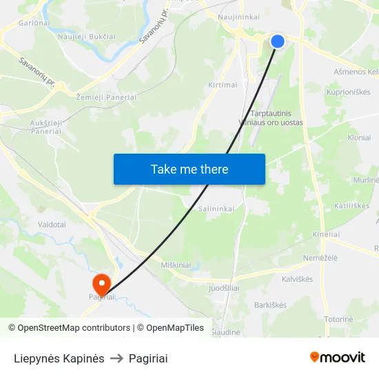 Liepynės Kapinės to Pagiriai map