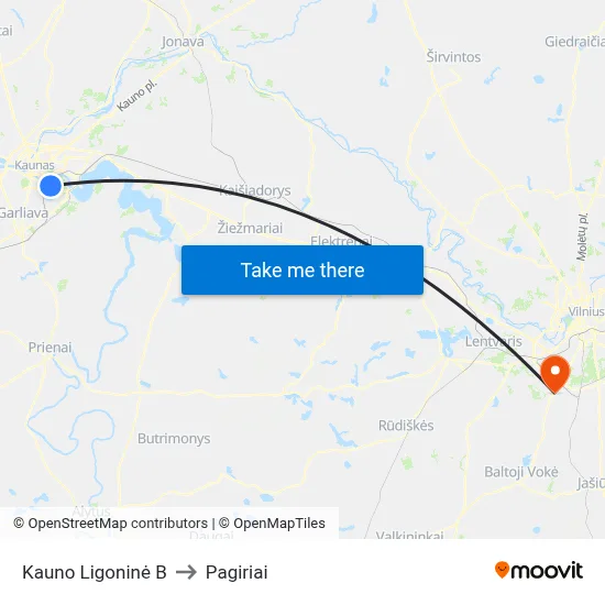 Kauno Ligoninė B to Pagiriai map