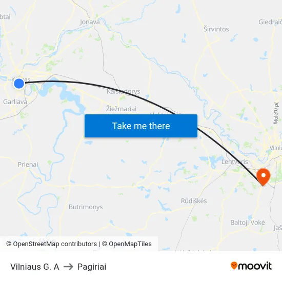 Vilniaus G. A to Pagiriai map