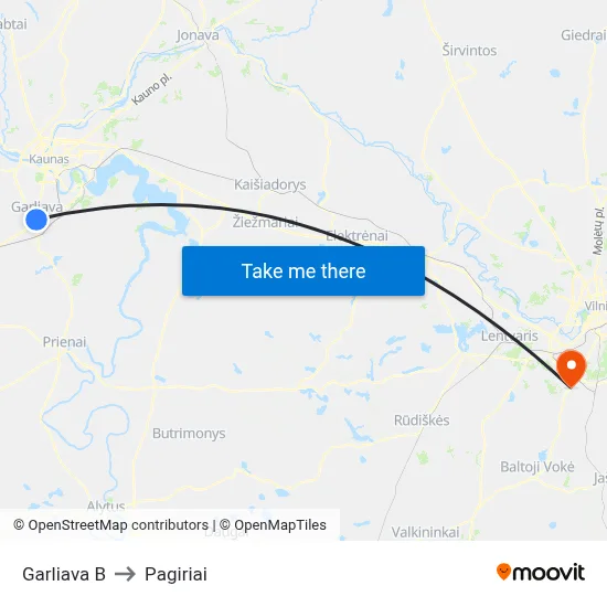 Garliava B to Pagiriai map
