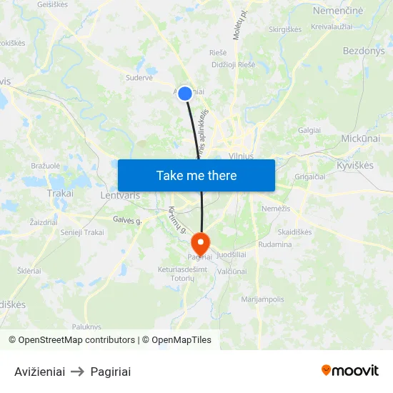 Avižieniai to Pagiriai map