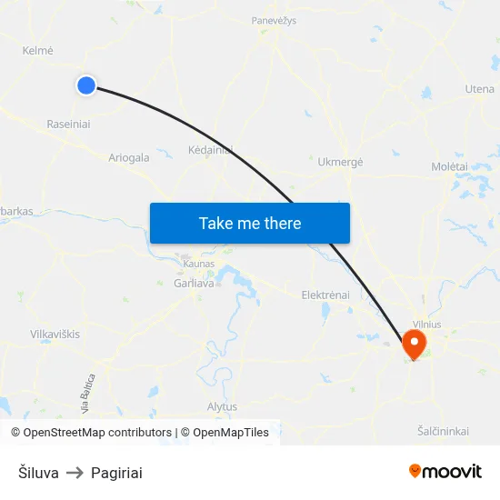Šiluva to Pagiriai map