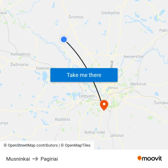 Musninkai to Pagiriai map