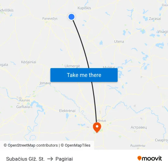 Subačius Glž. St. to Pagiriai map