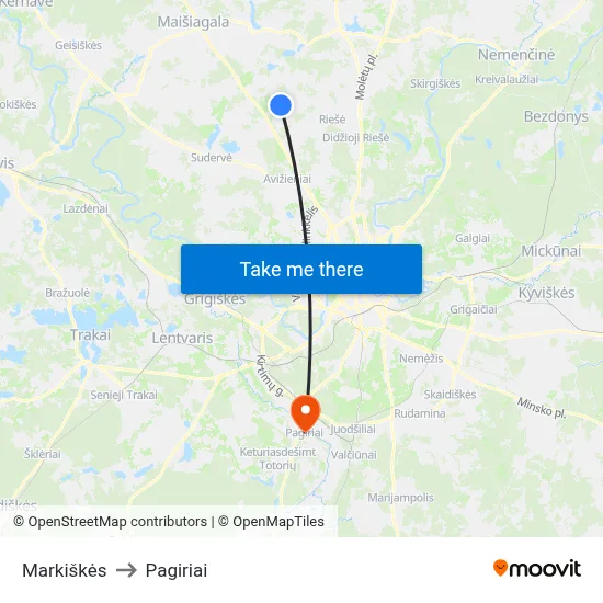 Markiškės to Pagiriai map