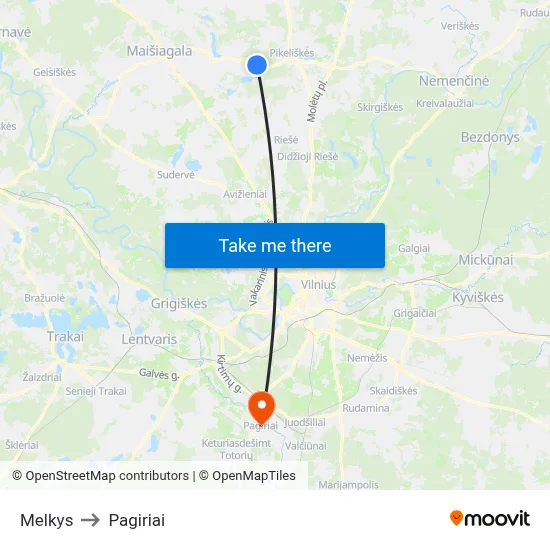 Melkys to Pagiriai map