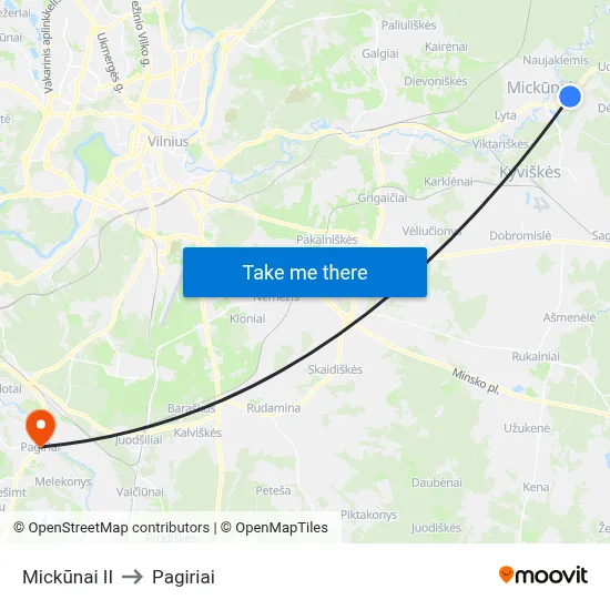 Mickūnai II to Pagiriai map