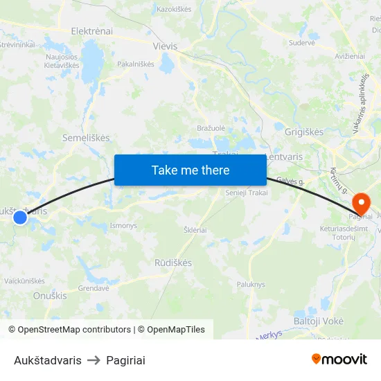 Aukštadvaris to Pagiriai map