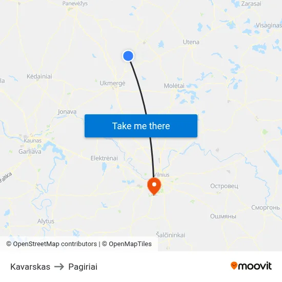 Kavarskas to Pagiriai map