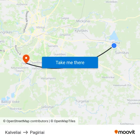 Kalveliai to Pagiriai map