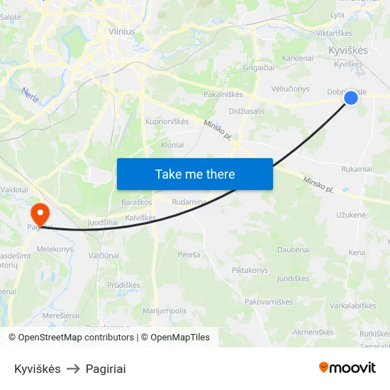 Kyviškės to Pagiriai map