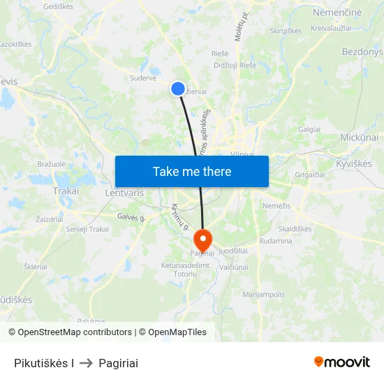 Pikutiškės I to Pagiriai map