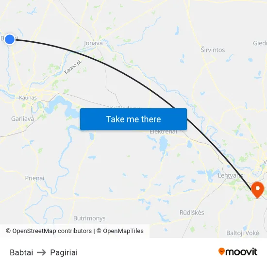 Babtai to Pagiriai map