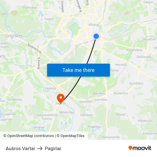 Aušros Vartai to Pagiriai map