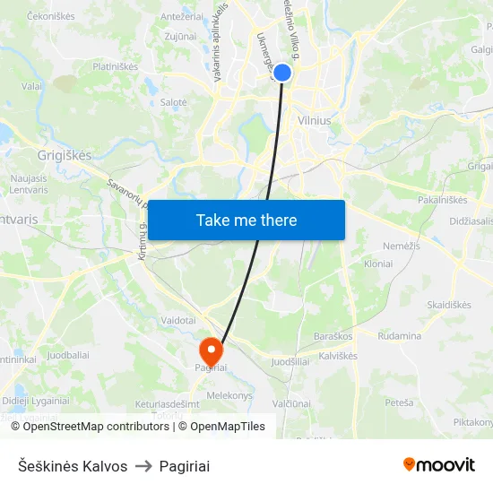 Šeškinės Kalvos to Pagiriai map