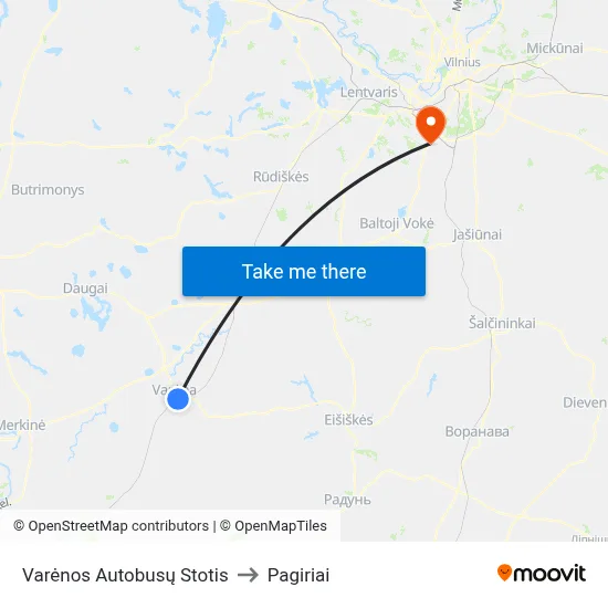Varėnos Autobusų Stotis to Pagiriai map