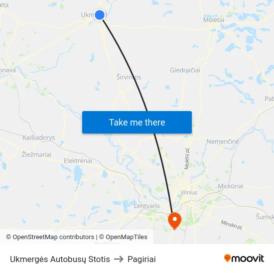 Ukmergės Autobusų Stotis to Pagiriai map