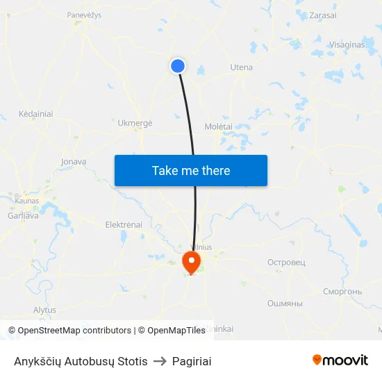 Anykščių Autobusų Stotis to Pagiriai map
