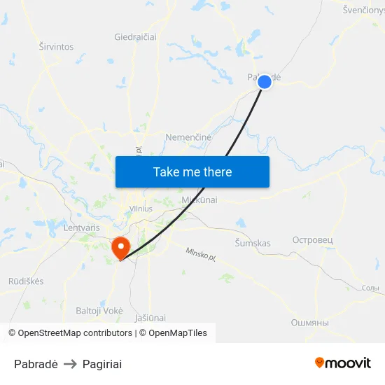 Pabradė to Pagiriai map