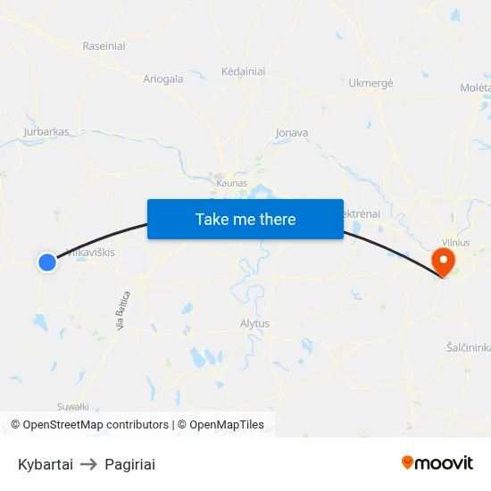 Kybartai to Pagiriai map