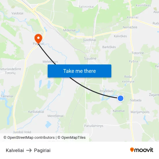 Kalveliai to Pagiriai map