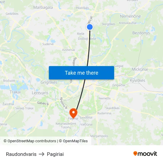 Raudondvaris to Pagiriai map