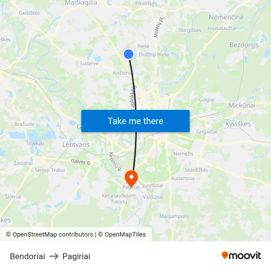 Bendoriai to Pagiriai map