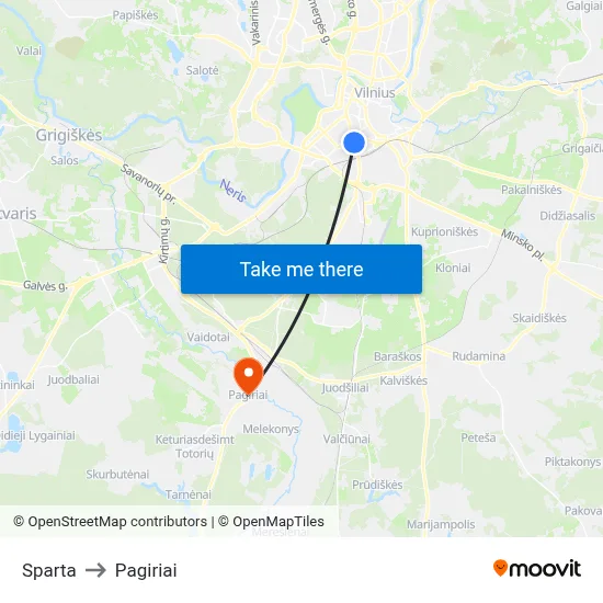 Sparta to Pagiriai map