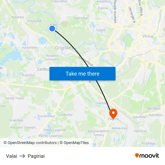 Valai to Pagiriai map