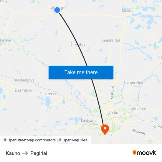 Kauno to Pagiriai map