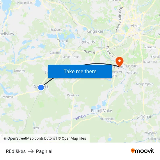 Rūdiškės to Pagiriai map