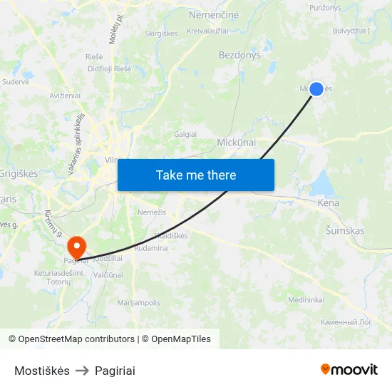 Mostiškės to Pagiriai map