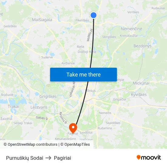 Purnuškių Sodai to Pagiriai map