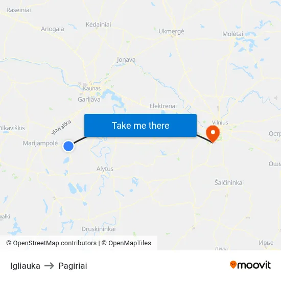 Igliauka to Pagiriai map