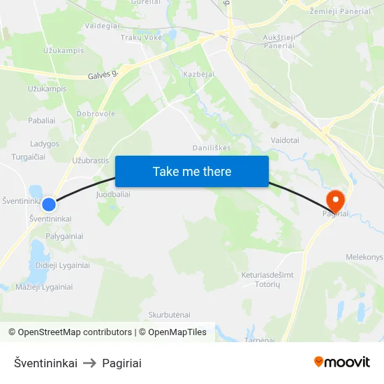 Šventininkai to Pagiriai map