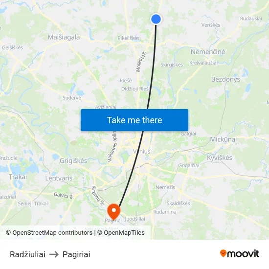 Radžiuliai to Pagiriai map