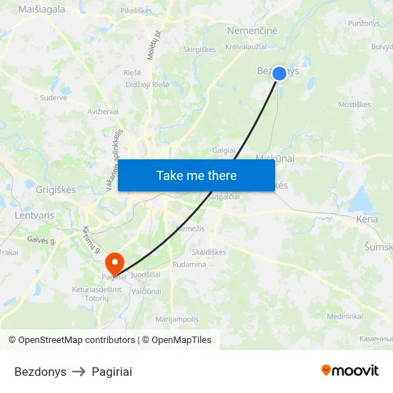 Bezdonys to Pagiriai map