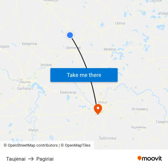 Taujėnai to Pagiriai map