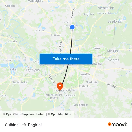 Gulbinai to Pagiriai map